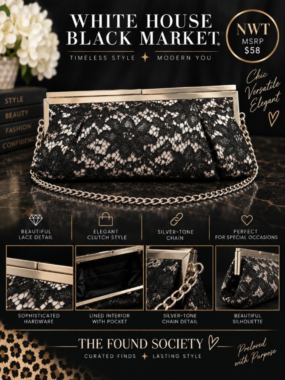 NWT White House Black Market Black Lace Clutch Silver Chain Evening Bag